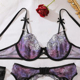 Toucheart Erotic Lingerie Fashionable Bow Accessories Contrasting Color Embroidery Hollow Slim Fit Women Sexy Lingerie Split Set