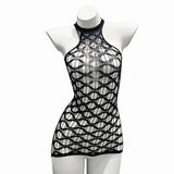Sexy Mesh Halter Neck Hollow Out Open Crotch Dress With Exposed Chest And Sheer For Women Off-the-shoulder Mini Dress Charm RCIJ