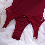 Toucheart Erotic Bodysuit Sexy Hot Tight Plunge Seductive Women's Intimate Flirt Romantic Garter Four-piece Set with Stockings