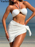 3PCS With Sarong Metal Star Halter Bikini Female Swimsuit Women Swimwear Three-Pieces Bikini Set Bather Bathing Suit Swim V7042