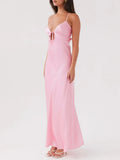 Women Cami Dress Solid Color Sleeveless Tie-Up Front Sleeveless Backless Dress Long Dress Summer Casual Spaghetti Strap Dress