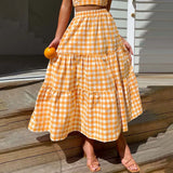 2026 Summer Vintage Checkered Maxi Skirt Women High Waisted Elastic Plaid Ruffle Long Skirts Retro Sweet Cake A  Line Skirts