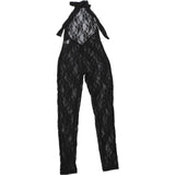 Women Halter Neck Lace Mesh Jumpsuit Sheer See Through Sleeveless Backless Bodycon Romper Y2K Clubwear Party Nightclub Outfit
