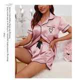 Women's Pajama Lounge Set Summer Heart Embroidered Pocket Patched Short Sleeve Shirt & Shorts Pajamas 2 Piece Set Pyjama Femme