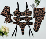 Toucheart Erotic Lingerie Leopard Print 5-piece Set with Gloves and Stockings Tie-dye Printed Sexy Hot Lingerie Suit for Women