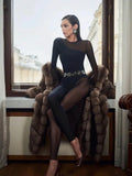 AHAgaga Winter Sexy See Through Mesh Rompers Women Jumpsuits Fashion O-Neck Zipper Skinny Slim Jumpsuit Woman Midnight Overalls