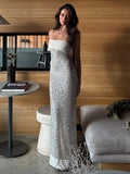 FDYOUI Luxury Bandage Sequins Evening Party Dresses for Women Sexy Strapless Off Shoulder Backless Split Slim Long Wedding Dress