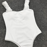 Sexy White Frill Trim Ruffled Ribbed Female Swimwear One Piece Swimsuit Women Monokini High Cut Bather Bathing Suit Swim Lady