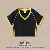 Hot girl top V-neck exposed navel contrasting color splicing clothes women's street short-sleeved T-shirt