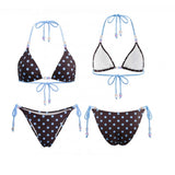 2026 Summer Women's Bikini Set Striped Dots Halter Bra with Side Tie-ups Bead Briefs 2 Piece Swimsuits Female Bathing Suits