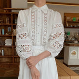 2026 French Retro Heavy Shirt Skirt Hollow Lace Balloon Sleeve Shirt + High Waist Belted Skirt Fashion Suit for Women