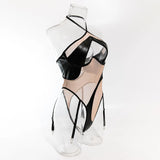 DEKA-See Through Mesh Bodysuit for Women, Matching Halter, Lace Up Bathing Suit, Push Up Swimsuit, Beach Swimwear