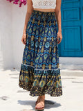 Women's Loose Long Skirt Bohemian Print Elastic Waist Ruffle Flowy Pleated Skirts Summer Beach Party Streetwear