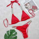 9 Colors Sexy Bikini Women Luxe Crystal Diamond Metal Chain Pit Striped Swimwear Swimsuit Bikinis Set Bathing Suit Beach Bikini