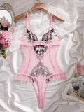 Pink Lace Embroidery Jumpsuit with Black Floral Lace Paneling High-Waist Triangle Pant Design Romantic French Sexy Underwear