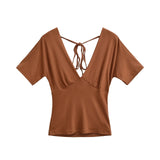Spring Korean Slim Fit Deep V Neck Tie-Up Clean Face Crop Top Short Sleeve Pullover T-Shirt Base Shirt Solid Color Fashion RM7O