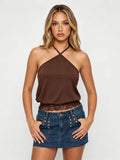 Women's Summer  Slim Fit Going Out Halter Tank Tops Lace Trim Hem Sleeveless Backless Vest