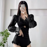 New long sleeved swimsuit for women slimming and conservative soaking in hot springs one-piece high-end sense swimsuit for women