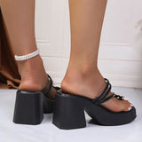 Metal Decor Clip Toe High Heeled Sandals Women Summer Slip On Thick Heel Sandles Woman Plus Size 42 Chunky Platform Slippers