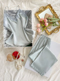 Two Piece Women's Pajamas Set with V Neck Lace Design Top Long Pants Fashionable And Comfortable For Spring And Summer Seasons