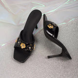 Gold Flower Summer Women Modern Sandals Brand Vintage Black Peep Toe Mules Stiletto Sexy Slip on Casual Daily Female Shoes