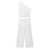 Women's One Shoulder Top Long Pants Set White Strapless Ruched Crop Top And Mesh Flare Pants Two Piece Set Out Party Outfit LNBK