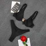 Sexy Black White Bikini Set 2026 Women Metal Ornament Push Up Underwire Bra Thong Swimsuit Beach Holiday Bathing Suit Swimwear