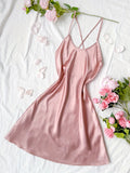 Summer Silk Stain Nightdress Women's Sleepwear, Sexy Backless Sleeveless A-Line Short Sleepdress, Solid Color Nighties