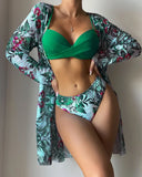 20 Colors Three Piece Bikinis Set Women Sexy Push Up Swimwear Swimsuit Plants Print Bathing Suit Bikini Cover Up Banadores Mujer