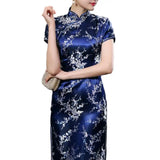 Women Dress Chinese Style Floral Embroidery Stand Collar Short Sleeves High Side Split Chinese Cheongsam Satin Silky
