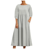 Womens Casual Summer Cotton Dress With Pockets 3/4 Sleeve Loose Midi Shirt Dress Women Dresses With Short Sleeves Vestidos