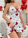 Backless Deep V Neck Nightgown Women White Heart Print Chemise Ribbed Mini Sleepwear Bow Detail Soft Lingerie Dress