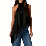 Women's Summer Solid Color Satin Halter Mock Neck Tops Sleeveless Tassel Hem Loose Fit Tank Tops