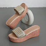 2026 Gold Woven Band Wedge Heeled Sandals Women Plus Size 43 Summer Platform Slippers Woman Light Thick Sole Rome Sandalias