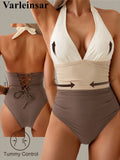 S - XL Splicing V Neck Backless Halter Women Swimwear One Piece Swimsuit Female Monokini Padded Bather Bathing Suit Swim V7559
