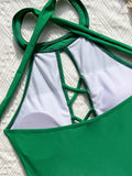 sexy front cross hollow swimsuit one piece solid halter tie bikinis thong swimwear bodysuits women biquini bathing suits 7 color