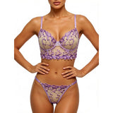 Soft pastel-colored lace embroidered lingerie set - French style long-sleeved mesh bralette, bra, thong set ZA825246