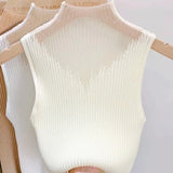 Mesh Knitted Top Women Y2K Tank Top Half Neck Vest Female Sleeveless Sweater Chic Cut Out Streetwear Solid Skinny Tube Top