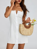Women Solid Color Square Collar Short Dresses Sleeveless Buttons Off Shoulder Casual Party Summer Spring Dress