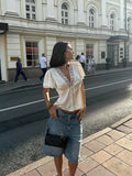 Ahagaga Causal Women Tops Solid Lace -Neck Short Sleeves Satin Slim Button Regular Eelgant Streetwear Tees Female Basic T Shirts