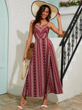 Deep V-Neck Backless Sling Dress with Thigh High Slit, Floral Print Beach Holiday Party Maxi Dress, Summer Women's Clothing