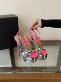 New Sexy Snake Print Leather Platform High Heels Sandals Women Fashion Peep Toe Buckle Strap Stiletto Party Dress Shoes