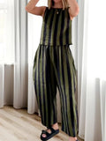 Women’s 2 Piece Summer Pant Outfits Sleeveless Plaid/Stripes Print Tank Tops + Pants Set Casual Streetwear