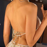 Luxury Pearls Halter Hollow Out See Through Bikini Top Female Swimsuit Women Swimwear Bather Bathing Suit Swim Beach Top V5409