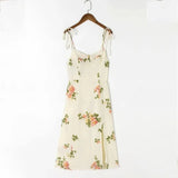 Spaghetti Strap Lace Up Beige Chiffon Summer Dress Sexy Slip Midi Sleeveless Dress Robe Big Flower Print Women Beach Dress Boho