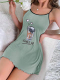 Summer Cute Letter Print Nightdress Women Nightgown Spaghetti Strap Mini Cami Lettuce Hem Contrast Trim Loungewear