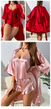 Female 3PCS Pajamas Set Kimono Bathrobe Gown Spring Summer New Sleepwear Strap Top&shorts Lingerie Loose Silk Satin Home Wear