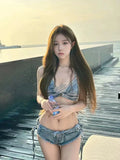 DEKA Brazilian Denim Bathing Suit Women Suits Bikini Set Lace Up Drawstring Beachwear Solid Summer Vintage Two-pieces Swimwear