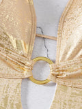 Golden Glitter Deep V Neck One Piece Swimsuit Women Swimwear Female Backless Monokini High Leg Cut Bathing Suit Swim Beachwear