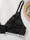Large size underwire lingerie with sexy letter band design plus size braissere women's lace underwear black bra MR3474